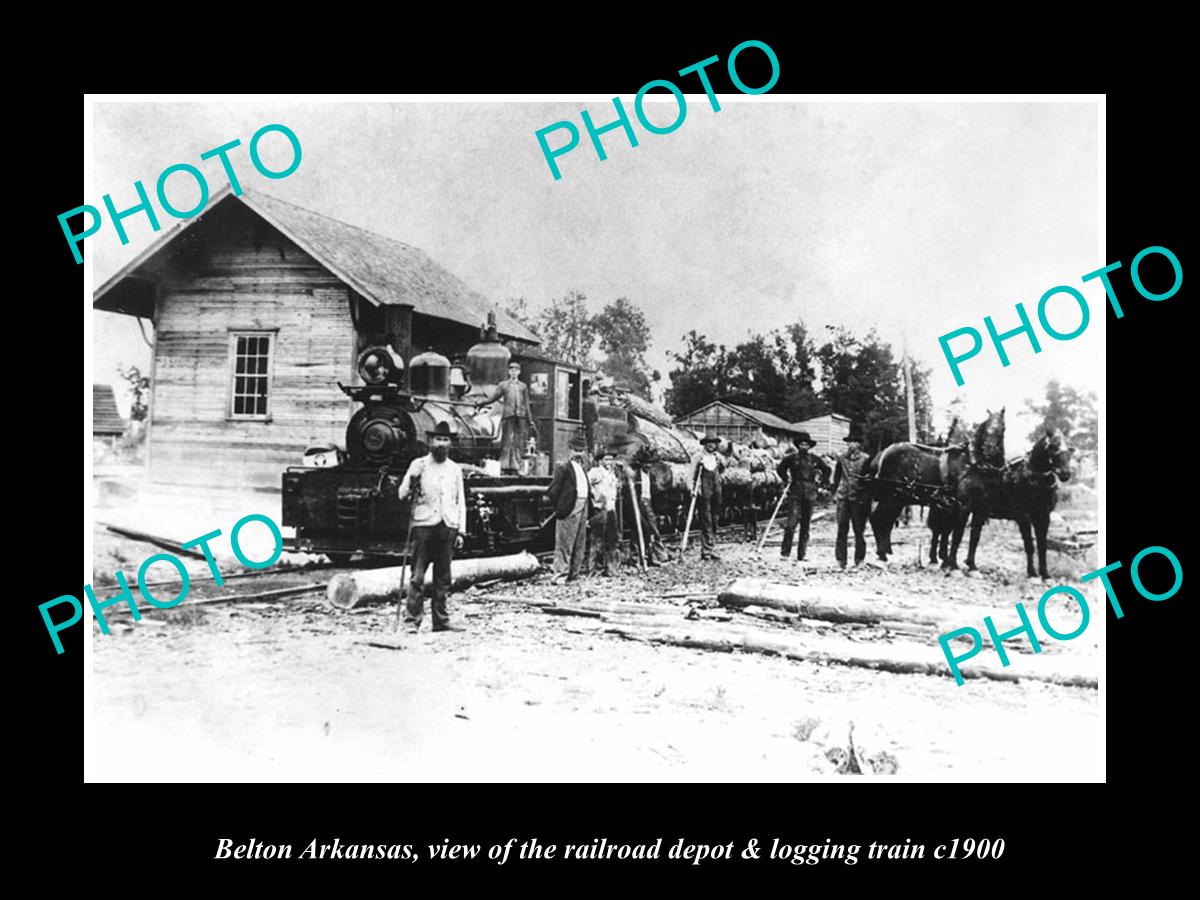 OLD LARGE HISTORIC PHOTO OF BELTON ARKANSAS, THE RAIROAD DEPOT & LOG TRAIN c1900