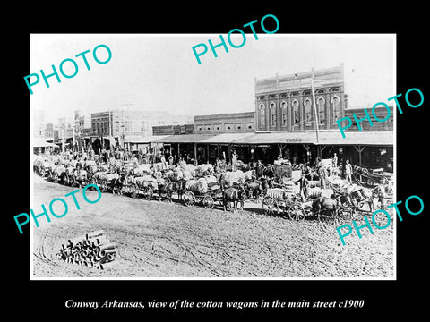 OLD LARGE HISTORIC PHOTO OF CONWAY ARKANSAS, THE COTTON WAGONS IN MAIN St c1900