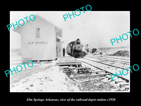 OLD LARGE HISTORIC PHOTO OF ELM SPRINGS ARKANSAS, RAILROAD DEPOT STATION c1920