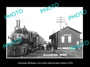 OLD LARGE HISTORIC PHOTO OF CHANNING MICHIGAN, THE RAILROAD DEPOT STATION c1910