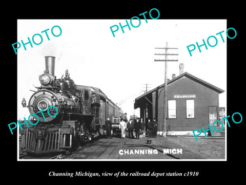 OLD LARGE HISTORIC PHOTO OF CHANNING MICHIGAN, THE RAILROAD DEPOT STATION c1910