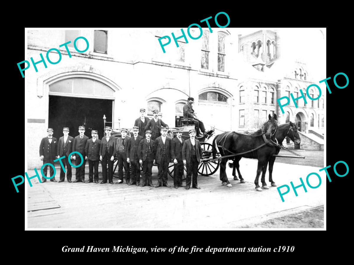 OLD LARGE HISTORIC PHOTO OF GRAND HAVEN MICHIGAN, FIRE DEPARTMENT STATION c1910