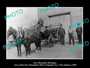 OLD LARGE HISTORIC PHOTO OF IRON MOUNTAIN MICHIGAN, THE FIRE STATION WAGON c1900