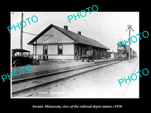 OLD LARGE HISTORIC PHOTO OF ATWATER MINNESOTA, THE RAILROAD DEPOT STATION c1920