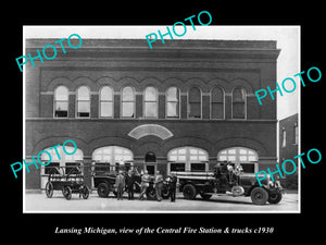 OLD LARGE HISTORIC PHOTO OF LANSING MICHIGAN, THE CENTRAL FIRE STATION c1930