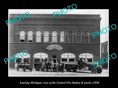 OLD LARGE HISTORIC PHOTO OF LANSING MICHIGAN, THE CENTRAL FIRE STATION c1930