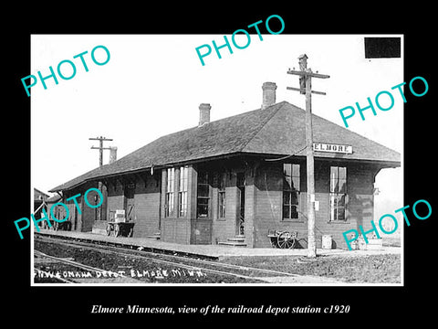 OLD LARGE HISTORIC PHOTO OF ELMORE MINNESOTA, THE RAILROAD DEPOT STATION c1920