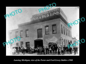 OLD LARGE HISTORIC PHOTO OF LANSING MICHIGAN, THE HORSE LIVERY STABLES c1900