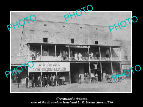 OLD LARGE HISTORIC PHOTO OF GREENWOOD ARKANSAS, THE BROWNLOW HOTEL & STORE c1890