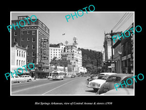 OLD LARGE HISTORIC PHOTO OF HOT SPRINGS ARKANSAS, CENTRAL Ave & STORES c1950