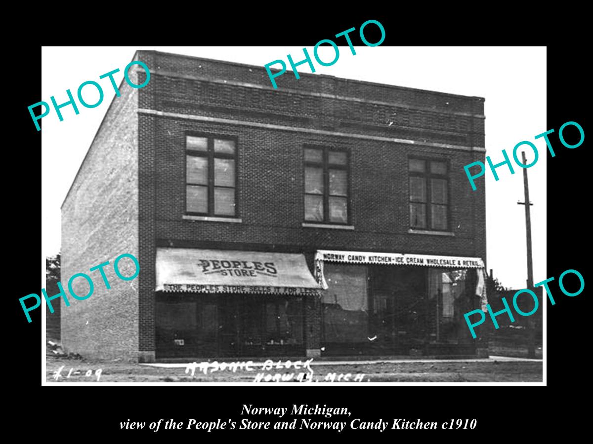 OLD LARGE HISTORIC PHOTO OF NORWAY MICHIGAN, PEOPLES STORE & CANDY KITCHEN c1910