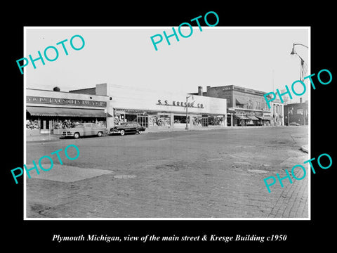 OLD LARGE HISTORIC PHOTO OF PLYMOUTH MICHIGAN, THE MAIN St & KRESGE Co c1950