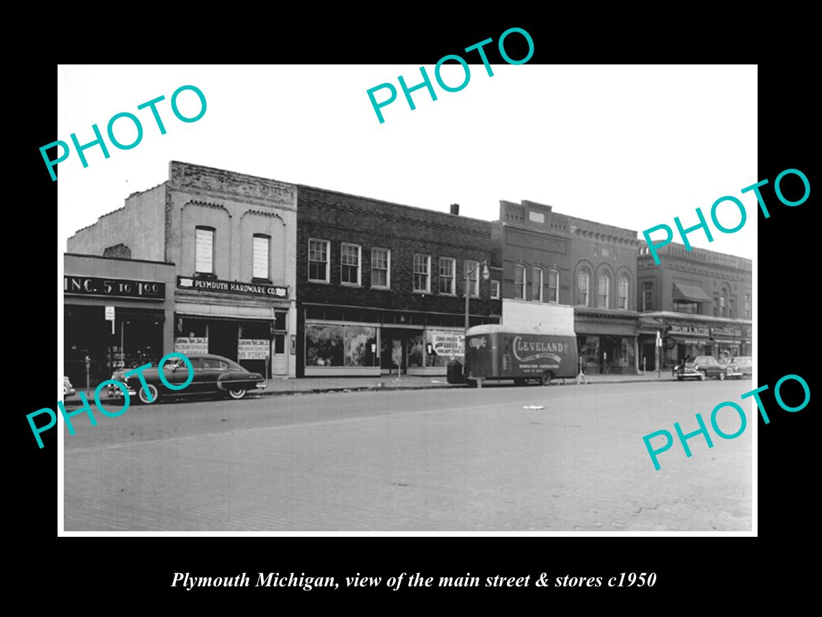 OLD LARGE HISTORIC PHOTO OF PLYMOUTH MICHIGAN, THE MAIN STREET & STORES c1950