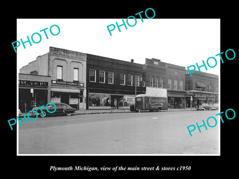 OLD LARGE HISTORIC PHOTO OF PLYMOUTH MICHIGAN, THE MAIN STREET & STORES c1950