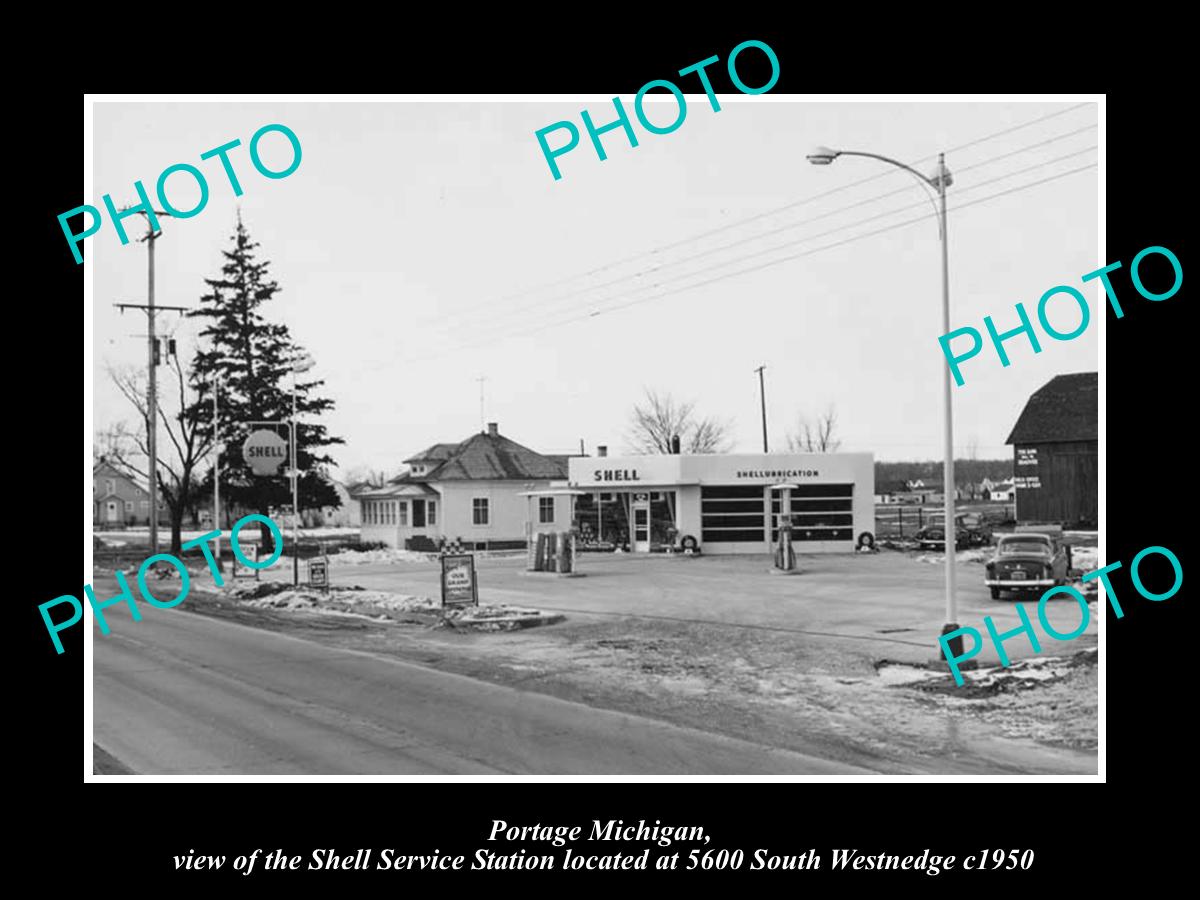 OLD LARGE HISTORIC PHOTO OF PORTAGE MICHIGAN, THE SHELL SERVICE STATION c1950