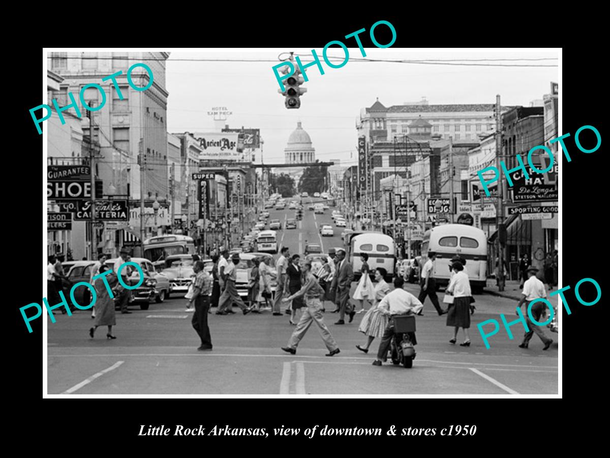 OLD LARGE HISTORIC PHOTO OF LITTLE ROCK ARKANSAS, VIEW OF DOWNTOWN & STORES 1950