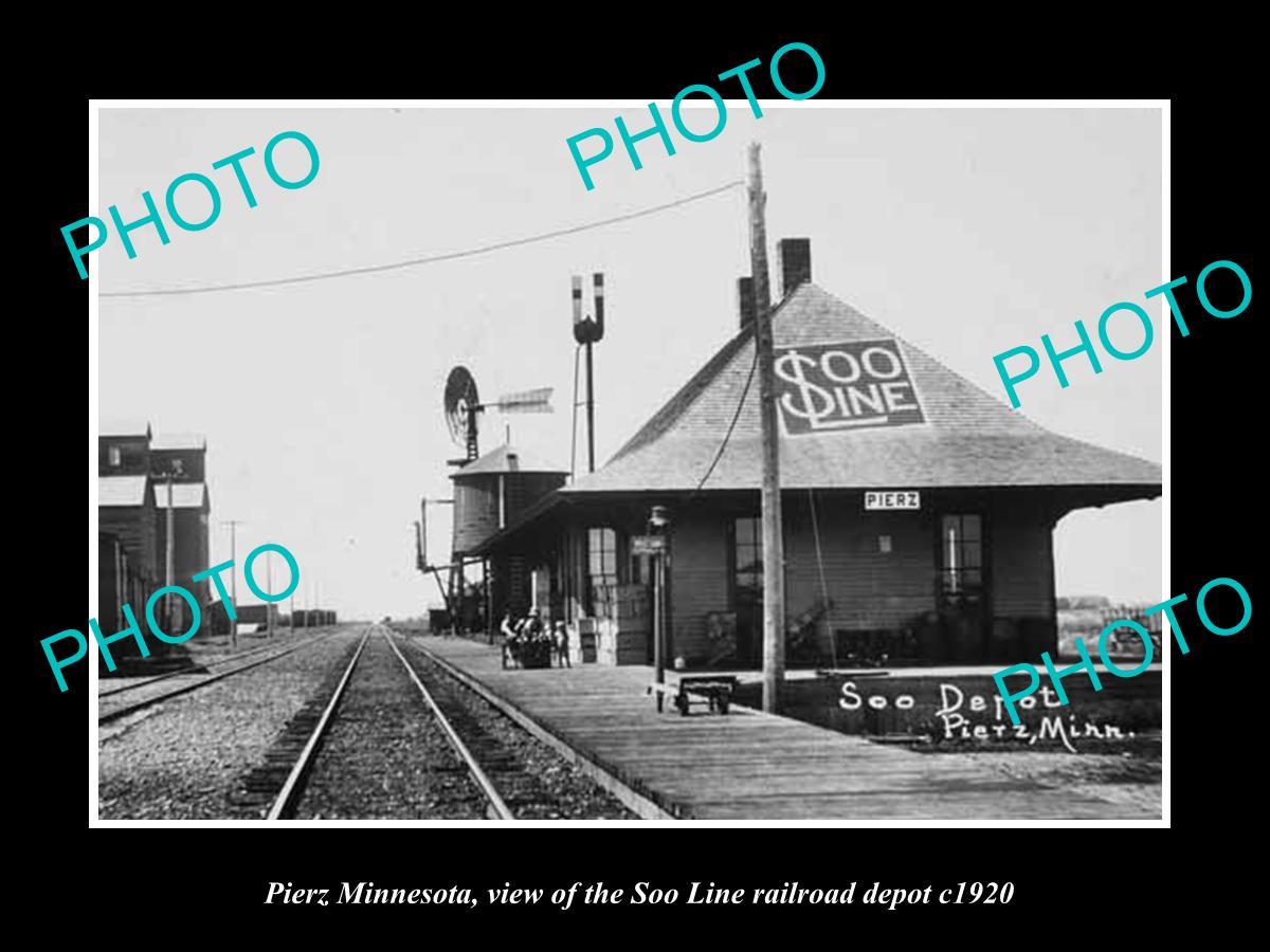 OLD LARGE HISTORIC PHOTO OF PIERZ MINNESOTA, THE SOO LINE RAILROAD DEPOT c1920