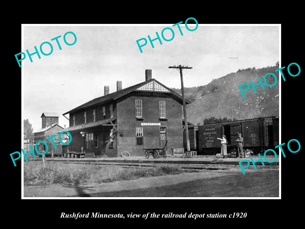 OLD LARGE HISTORIC PHOTO OF RUSHFORD MINNESOTA, THE RAILROAD DEPOT STATION c1920