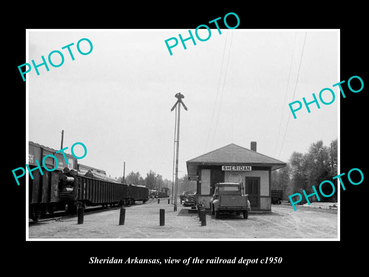 OLD LARGE HISTORIC PHOTO OF SHERIDAN ARKANSAS, THE RAILROAD DEPOT STATION c1950