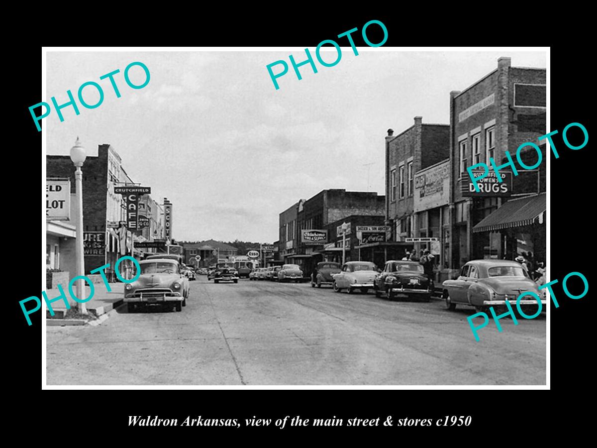 OLD LARGE HISTORIC PHOTO OF WALDRON ARKANSAS, THE MAIN STREET & STORES c1950