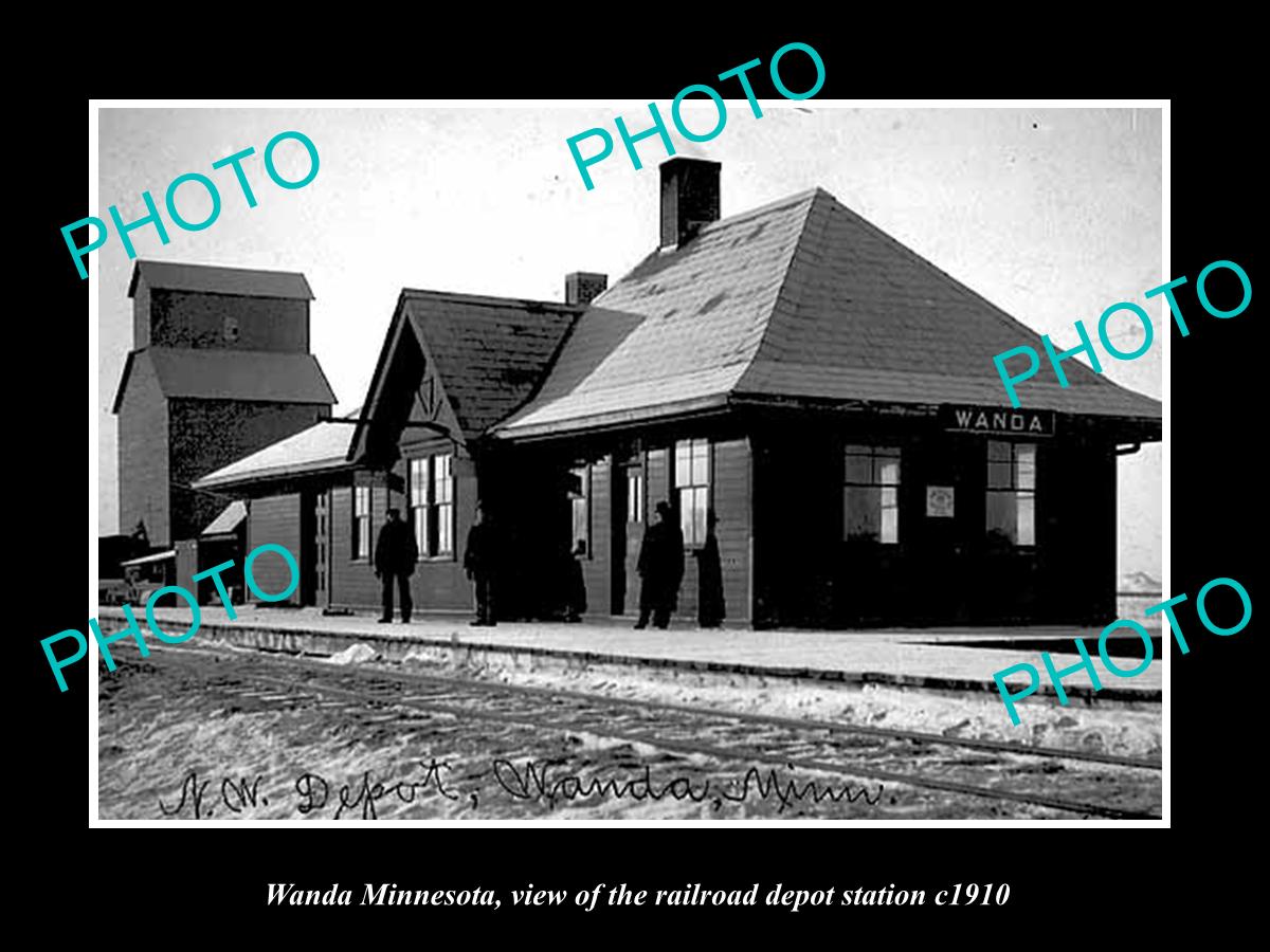 OLD LARGE HISTORIC PHOTO OF WANDA MINNESOTA, THE RAILROAD DEPOT STATION c1910