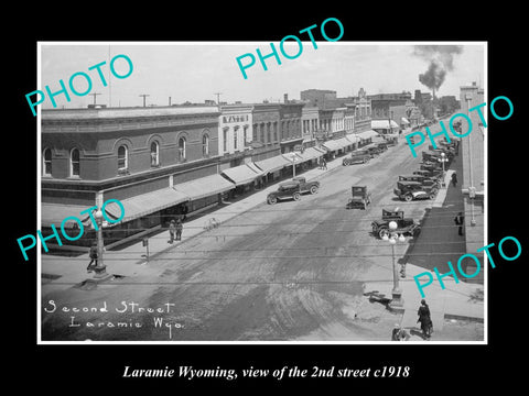 OLD LARGE HISTORIC PHOTO LARAMIE WYOMING, VIEW OF 2nd STREET & STORES c1918