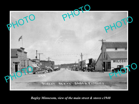 OLD LARGE HISTORIC PHOTO OF BAGLEY MINNESOTA, THE MAIN STREET & STORES c1940