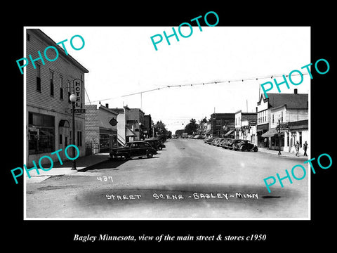 OLD LARGE HISTORIC PHOTO OF BAGLEY MINNESOTA, THE MAIN STREET & STORES c1950