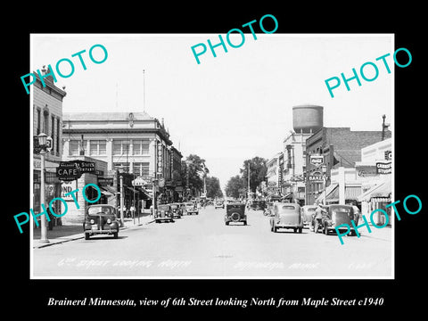 OLD LARGE HISTORIC PHOTO OF BRAINERD MINNESOTA, VIEW OF 6th STREET & STORES 1940