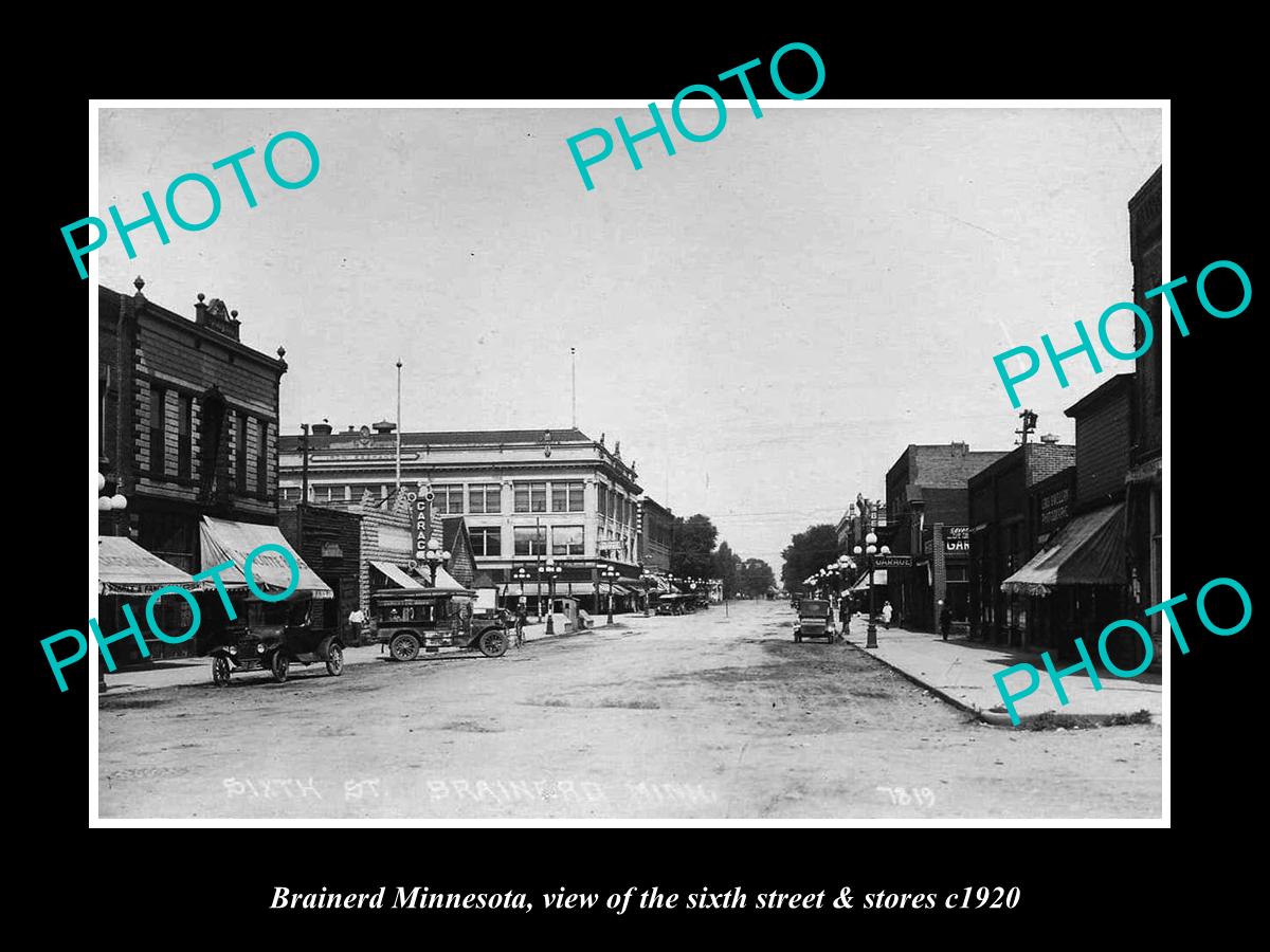 OLD LARGE HISTORIC PHOTO OF BRAINERD MINNESOTA, VIEW OF 6th STREET & STORES 1920