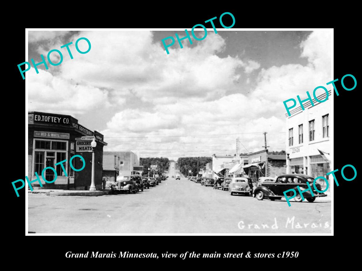 OLD LARGE HISTORIC PHOTO OF GRAND MARAIS MINNESOTA, THE MAIN St & STORES c1950