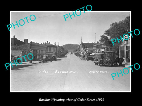 OLD LARGE HISTORIC PHOTO RAWLINS WYOMING, VIEW OF CEDAR St & STORES c1920