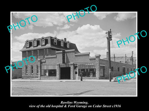 OLD LARGE HISTORIC PHOTO RAWLINS WYOMING, THE FORD GARAGE & HOSPITAL c1916