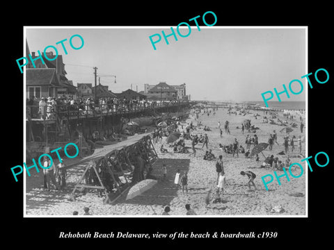 OLD LARGE HISTORIC PHOTO OF REHOBOTH BEACH DELAWARE, THE BEACH & BOARDWALK c1930