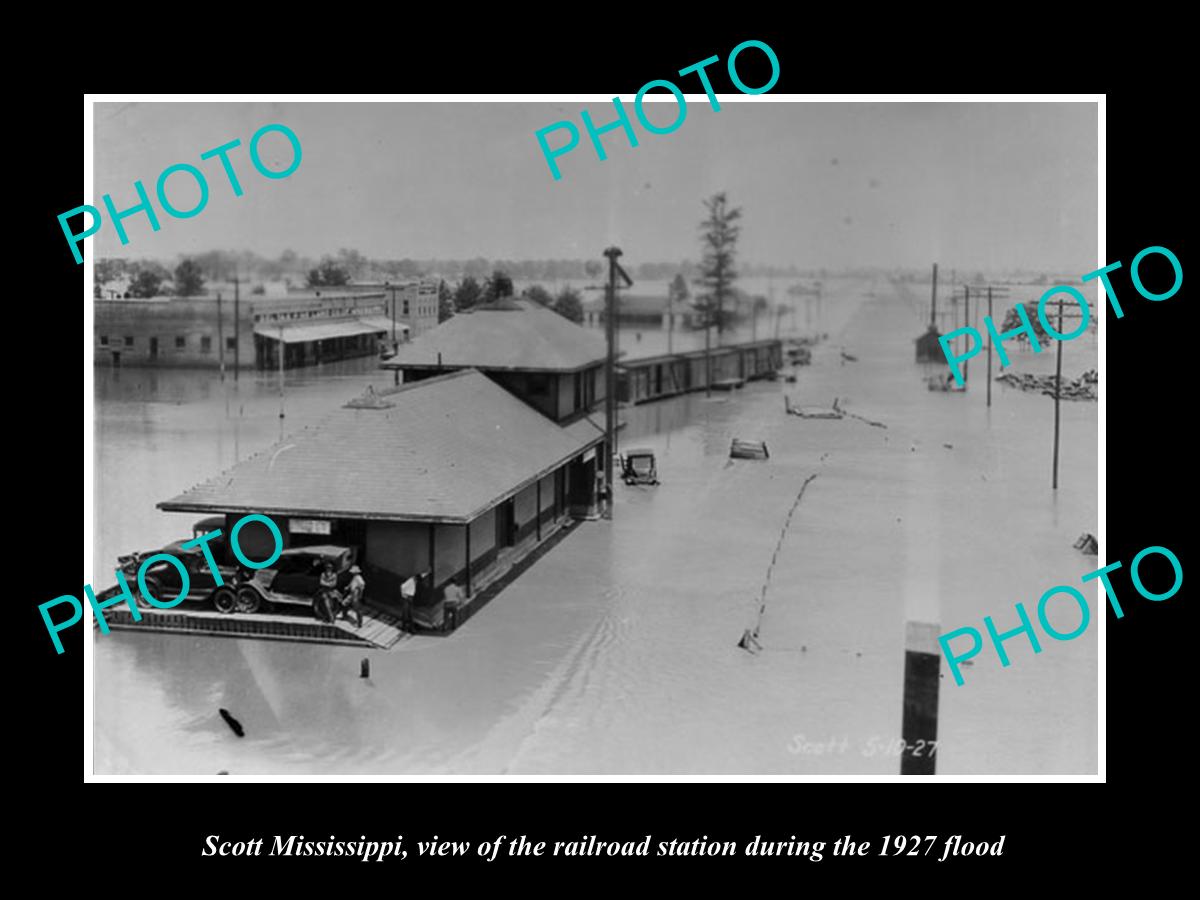 OLD LARGE HISTORIC PHOTO OF SCOTT MISSISSIPPI, THE RAILROAD STATION FLOOD c1927