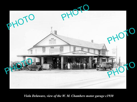 OLD LARGE HISTORIC PHOTO OF VIOLA DELAWARE, THE CHAMBERS MOTOR GARAGE c1930