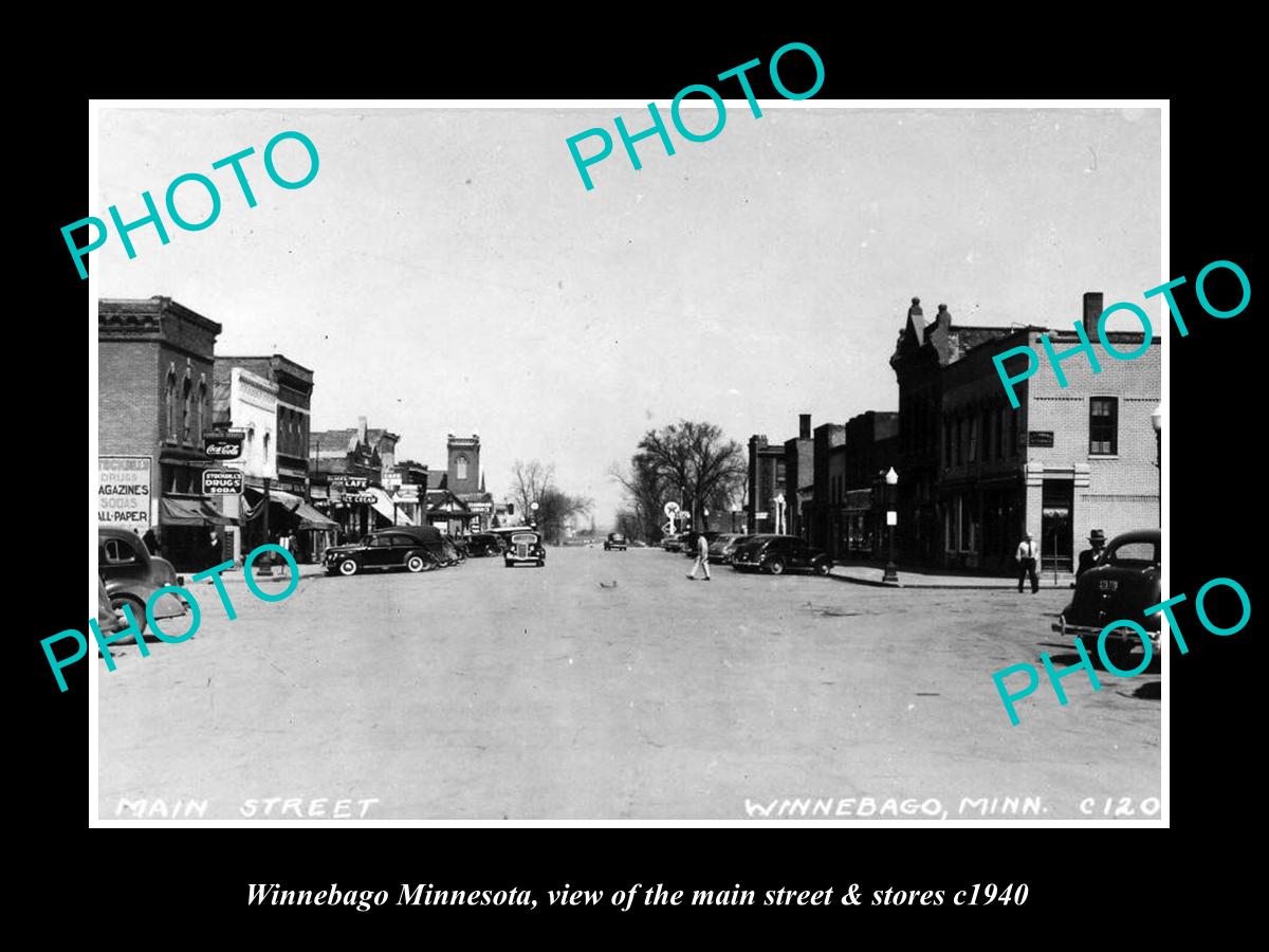 OLD LARGE HISTORIC PHOTO OF WINNEBAGO MINNESOTA, THE MAIN ST & STORES c1940