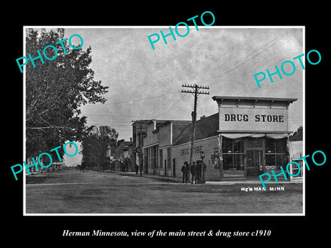 OLD LARGE HISTORIC PHOTO OF HERMAN MINNESOTA, THE MAIN St & DRUG STORE c1910