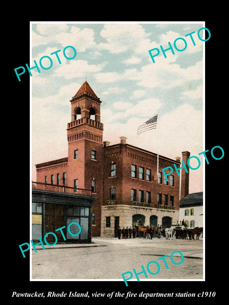 OLD LARGE HISTORIC PHOTO OF PAWTUCKET RHODE ISLAND, THE FIRE DEPT STATION c1910