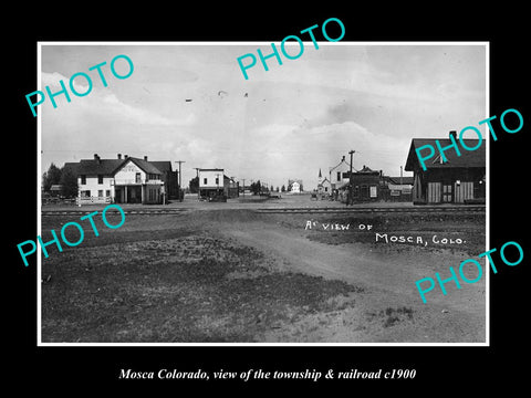 OLD LARGE HISTORIC PHOTO OF MOSCA COLORADO, THE TOWNSHIP & RAILROAD c1900