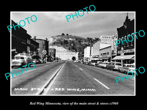 OLD LARGE HISTORIC PHOTO OF RED WING MINNESOTA, THE MAIN STREET & STORES c1960