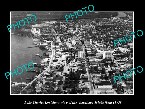 OLD LARGE HISTORIC PHOTO OF LAKE CHARLES LOUISIANA, AERIAL VIEW OF THE TOWN 1950