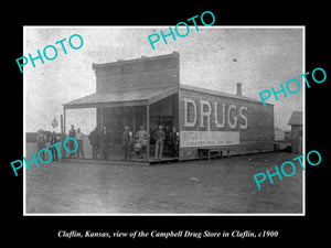 OLD LARGE HISTORIC PHOTO OF CLAFLIN KANSAS, THE CAMPBELL DRUG STORE c1900