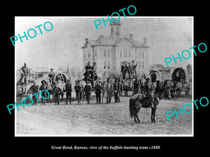 OLD LARGE HISTORIC PHOTO OF GREAT BEND KANSAS, THE BUFFALO HUNTING TEAM c1880