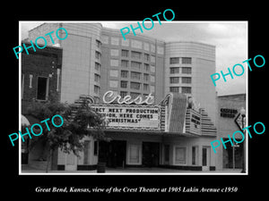 OLD LARGE HISTORIC PHOTO OF GREAT BEND KANSAS, VIEW OF THE CREST THEATER c1950