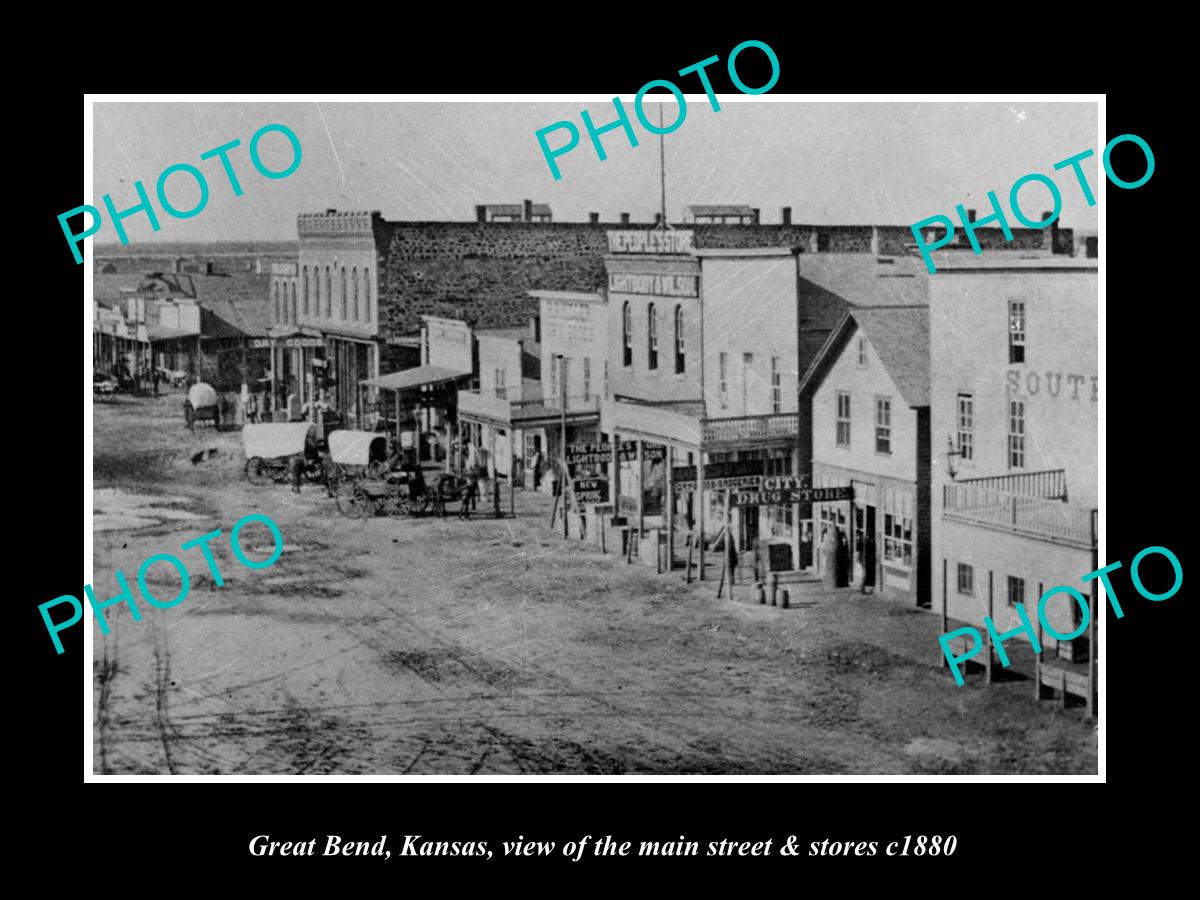 OLD LARGE HISTORIC PHOTO OF GREAT BEND KANSAS, THE MAIN STREET & STORES c1880