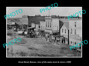 OLD LARGE HISTORIC PHOTO OF GREAT BEND KANSAS, THE MAIN STREET & STORES c1880