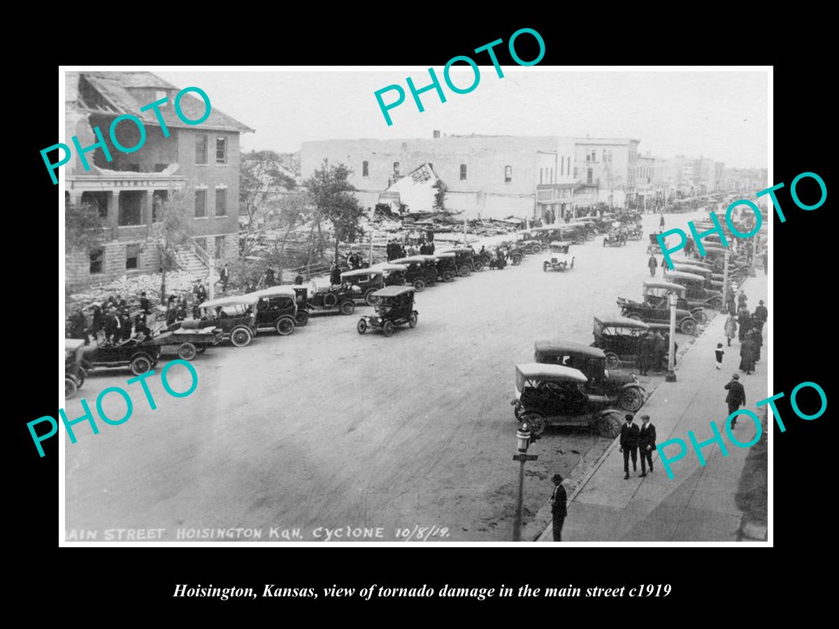 OLD LARGE HISTORIC PHOTO OF HOISINGTON KANSAS, MAIN STREET TORNADO DAMAGE c1919