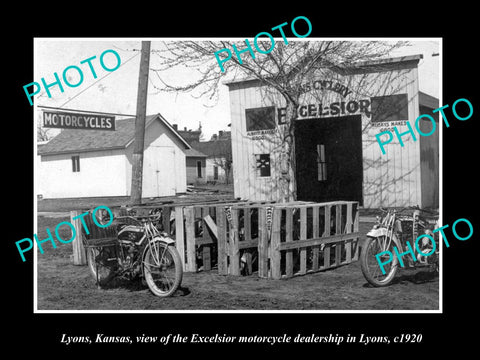 OLD LARGE HISTORIC PHOTO OF LYONS KANSAS, EXCELSIOR MOTORCYCLE DEALERSHIP c1920