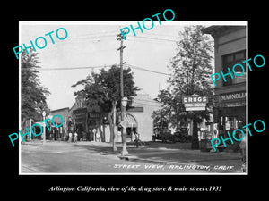 OLD LARGE HISTORIC PHOTO ARLINGTON CALIFORNIA, THE MAIN STREET & DRUG STORE 1935